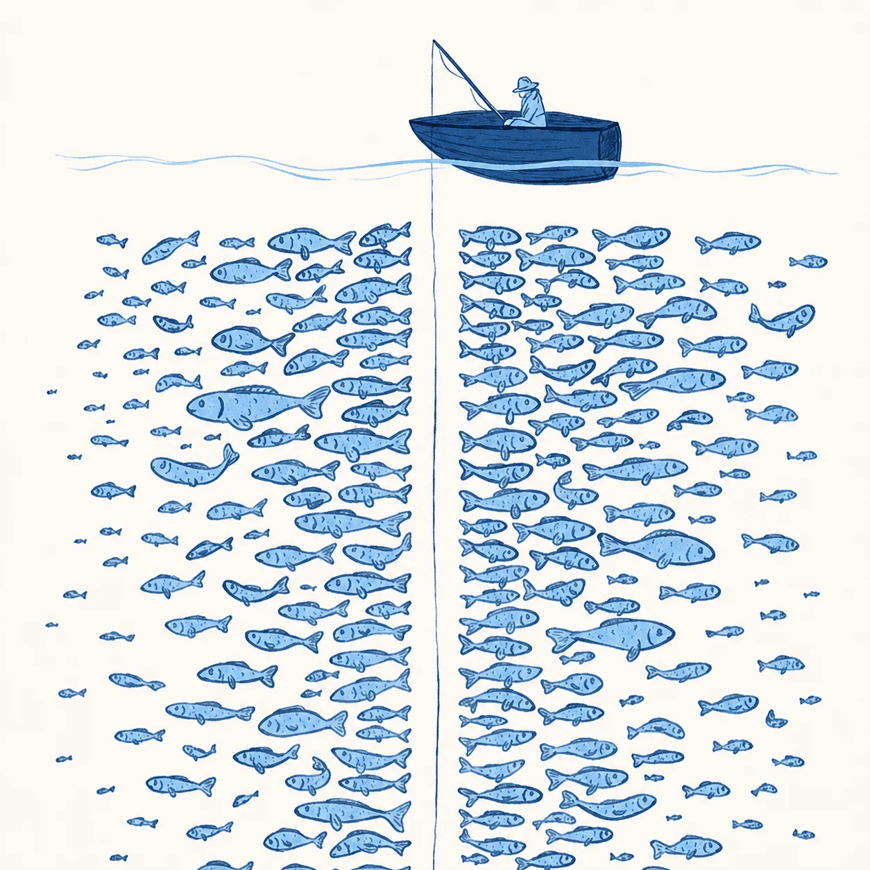 A solitary person fishing from a small boat above a sea crowded with fish.